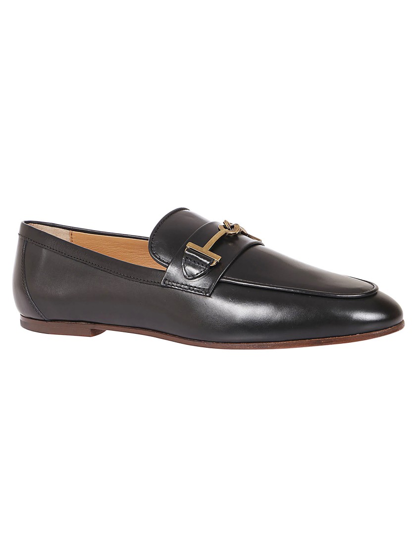 Tod's Black Leather Loafers With Gold Accent In Gray