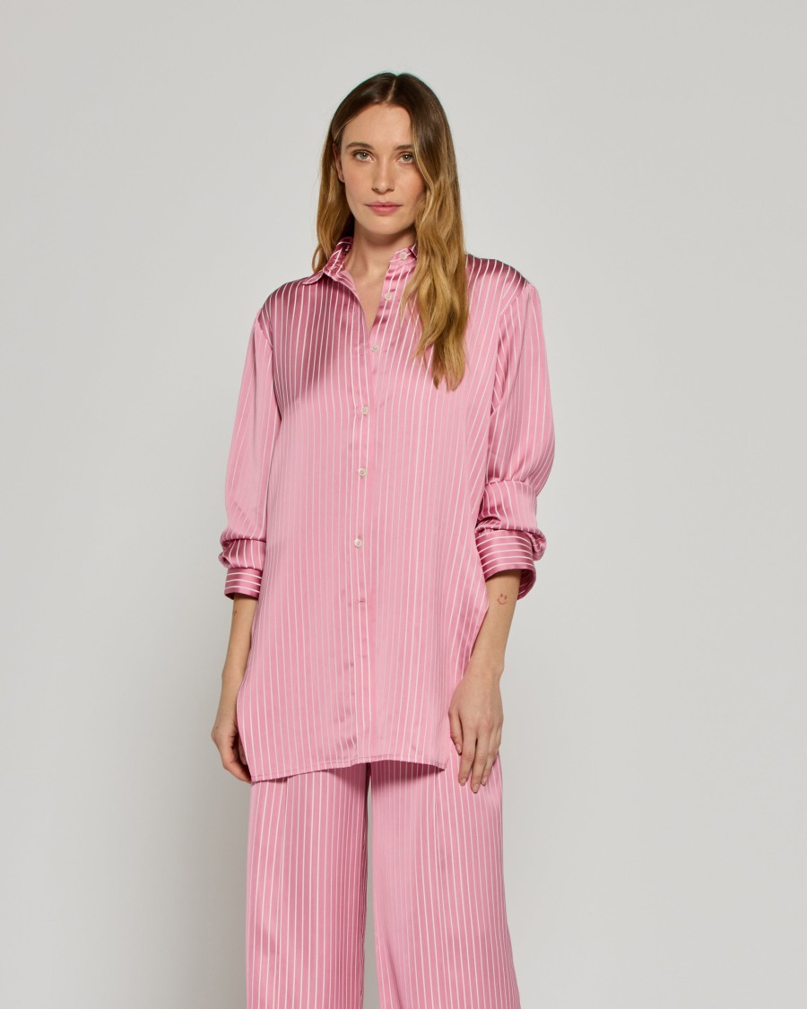 SERENA BUTE SERENA BUTE SATIN STRIPE OPEN BACK SHIRT - PINK 