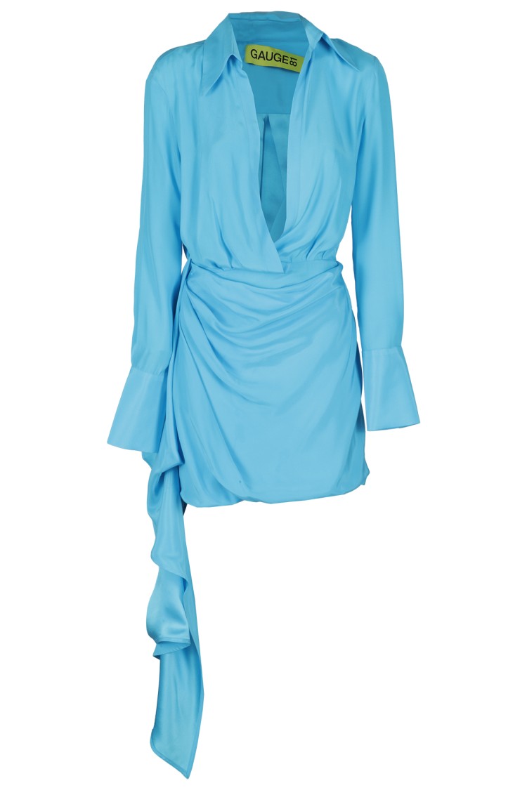 Gauge81 Light Blue Silk Mini Dress With Gravia Pattern In Blue