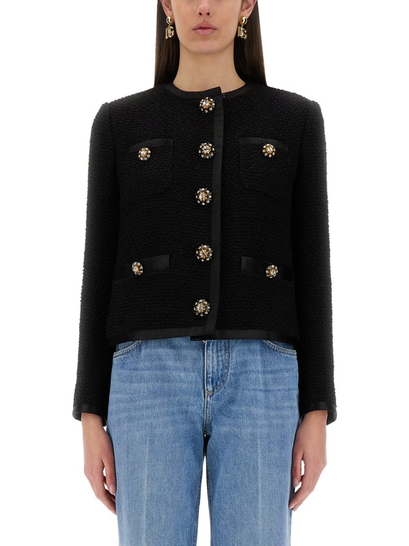 Dolce & Gabbana Jeweled Button Boucle Jacket In Black