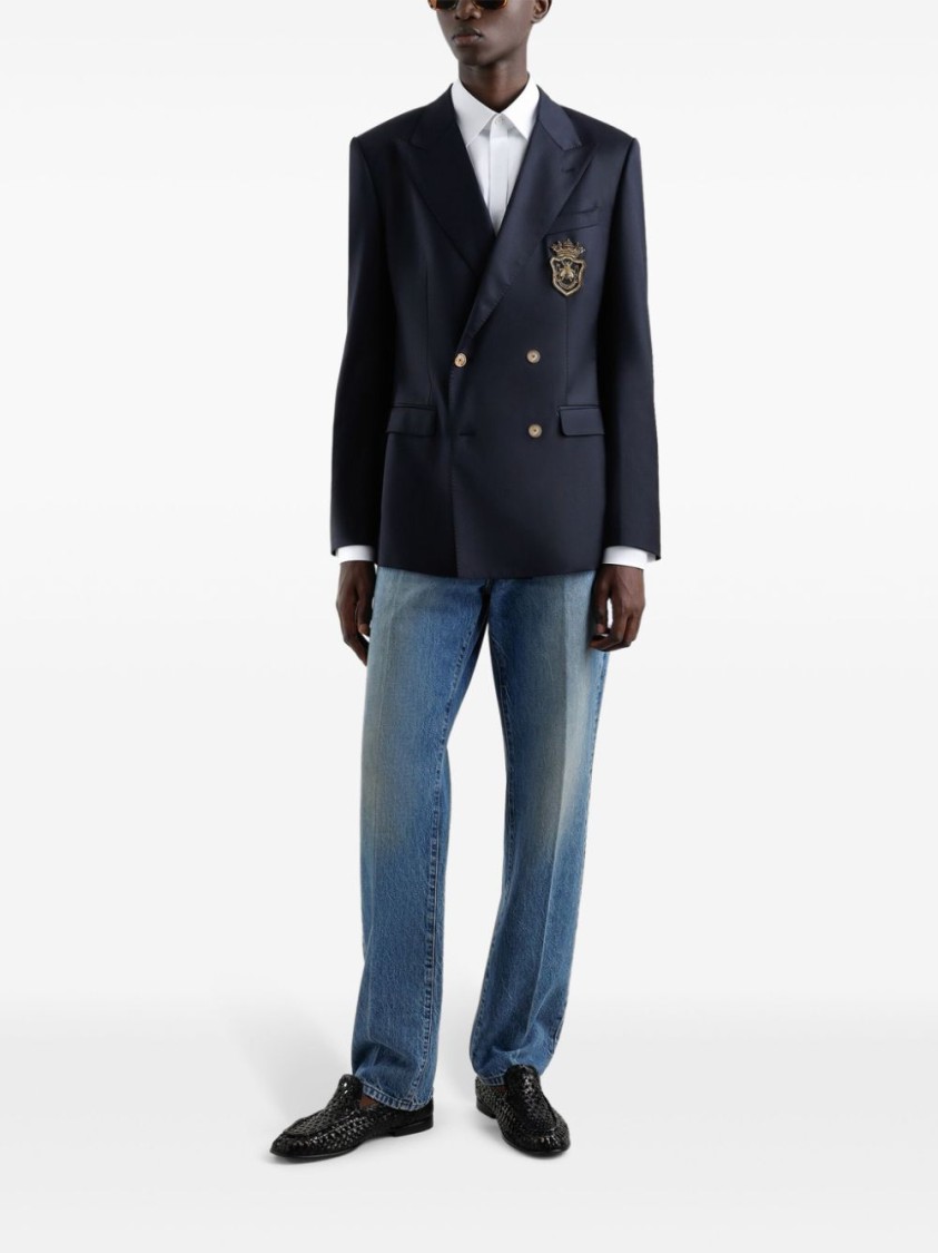 Dolce & Gabbana Men Double-breasted Wool Jacket With Patch In Blue