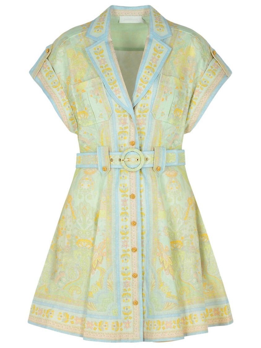 Zimmermann Acacia Belted Paisley-print Linen Mini Shirt Dress In Green