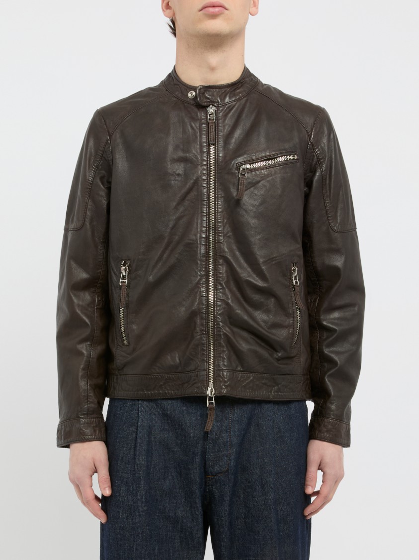 The Jack And Jackie Leathers Brown Leather Jacket With Stand-up Collar