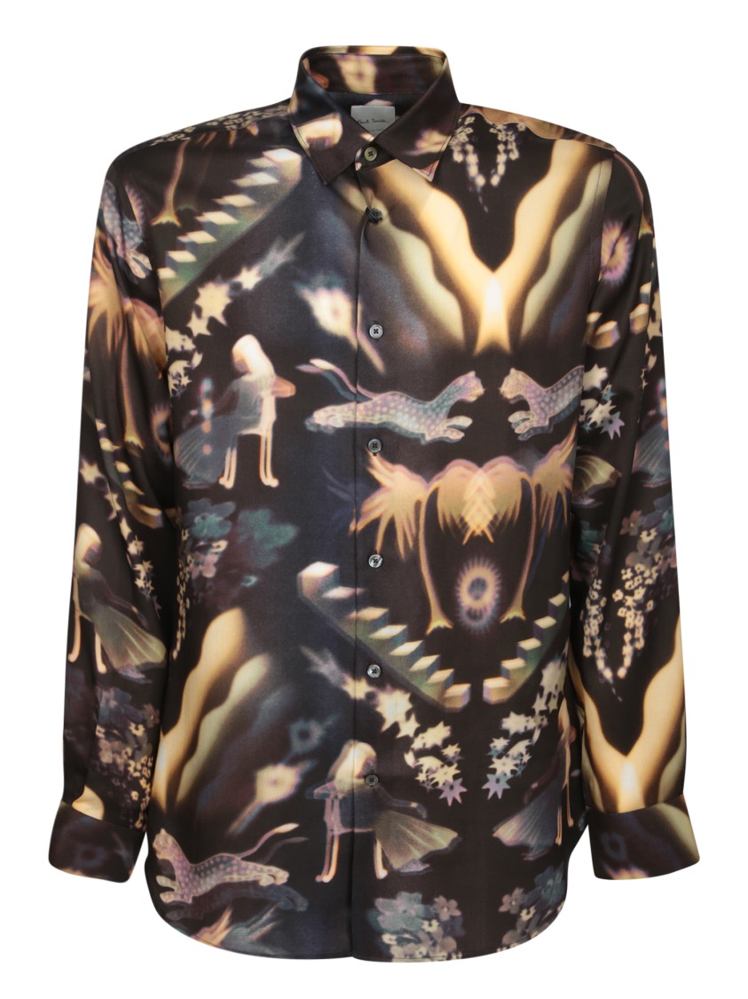 Shop Paul Smith Artistic Print Black Long Sleeve Shirt With Classic Collar
