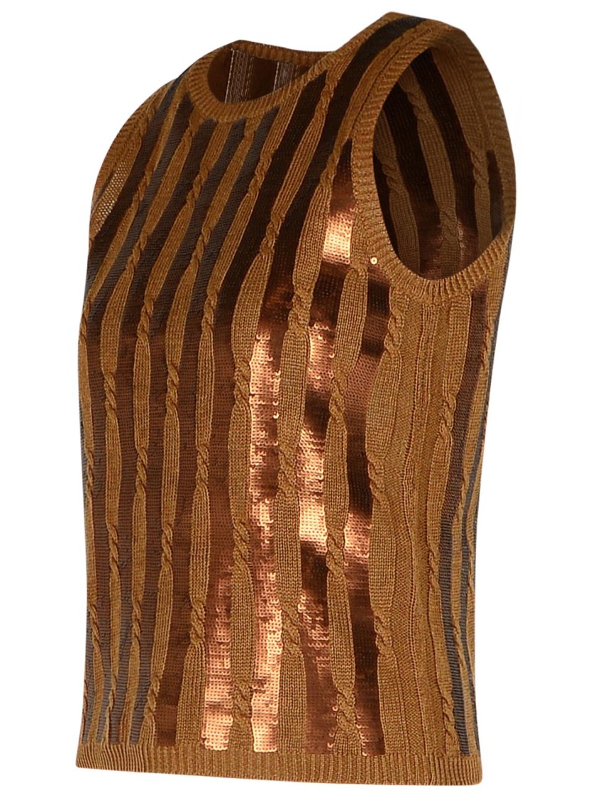 Max Mara Golia Linen Knitted Tank Top With Embroidered Sequin In Brown