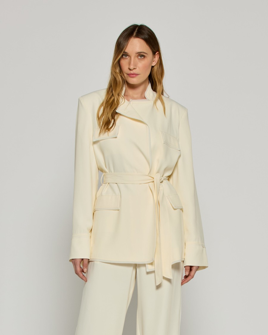 Serena Bute Relaxed Jacket With Georgette Trim - Cream In Neutrals