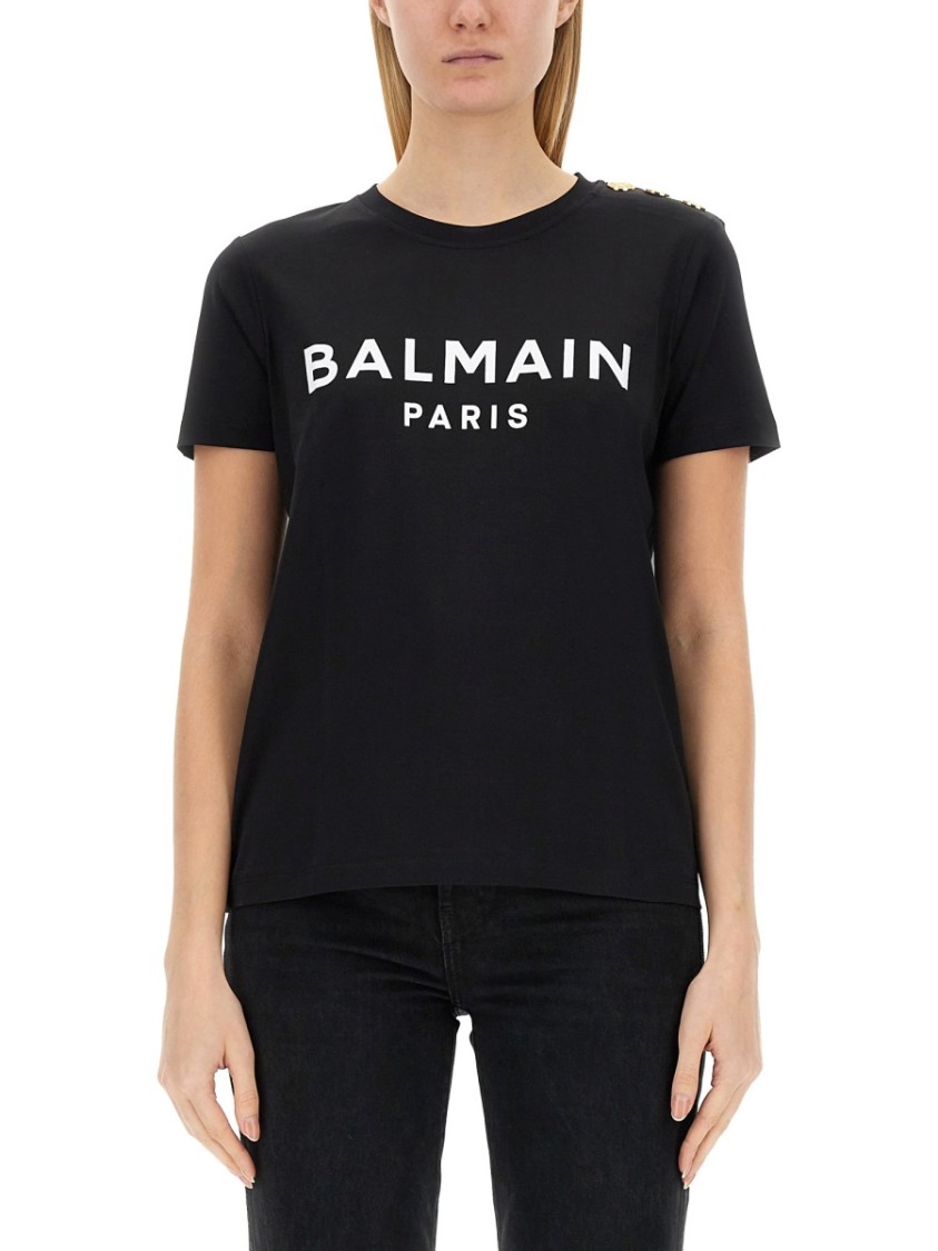 Balmain Black Crewneck T-shirt With Logo Print And Golden Buttons In Jersey Woman