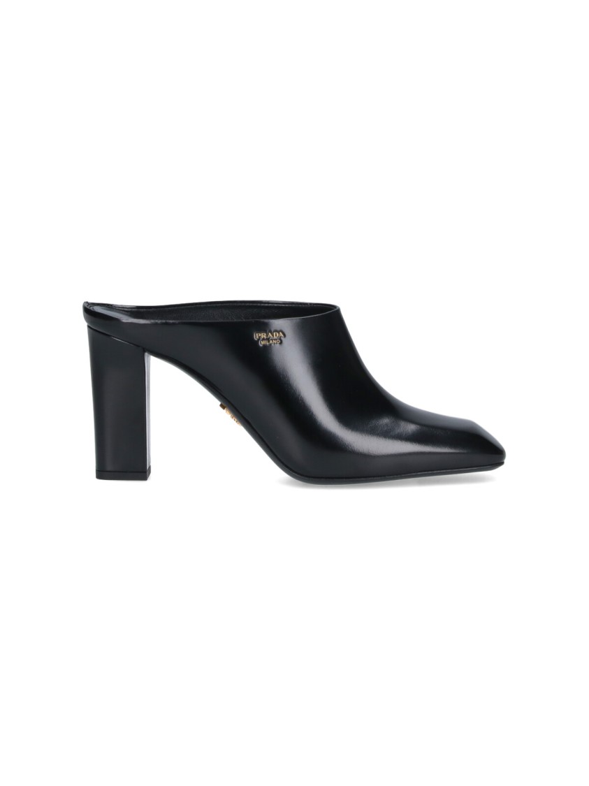 Prada Leather Block Heel Mules With Pointed Toe In Multi
