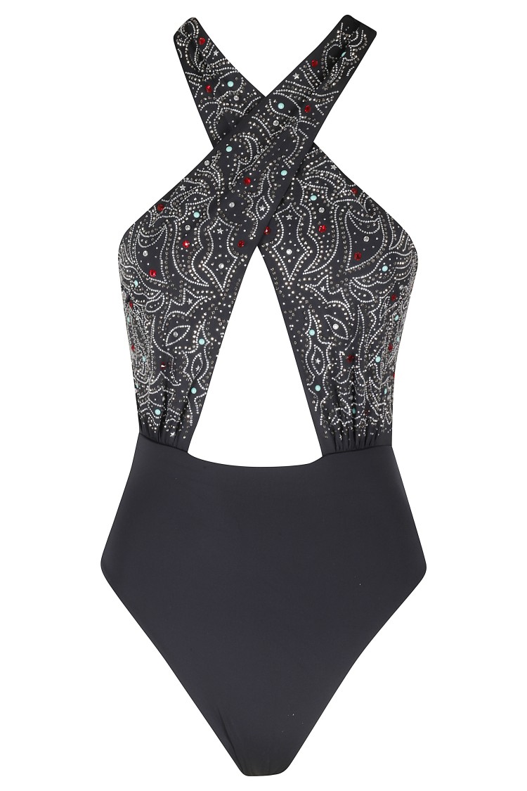 Venuja Black One-piece Swimsuit With Braided Straps And Bead Decorations In Tech Fabric Woman