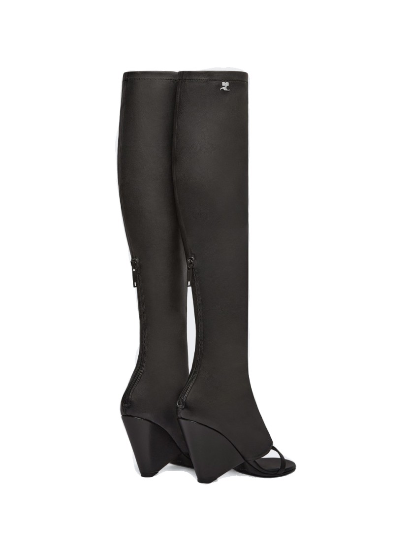 Courrèges Oblique Wedged Leather Open Toe Boots Black In Black