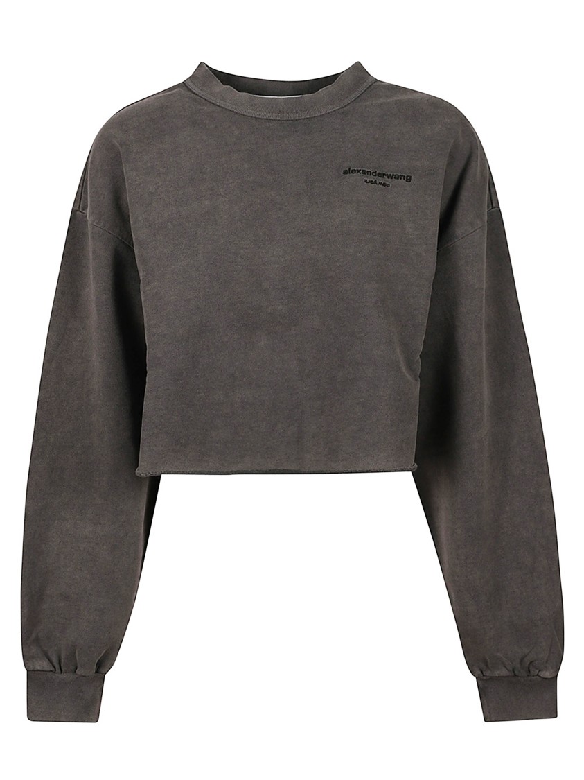 Alexander Wang Cropped Cotton Sweatshirt With Logo And Ribbed Trim In Gray