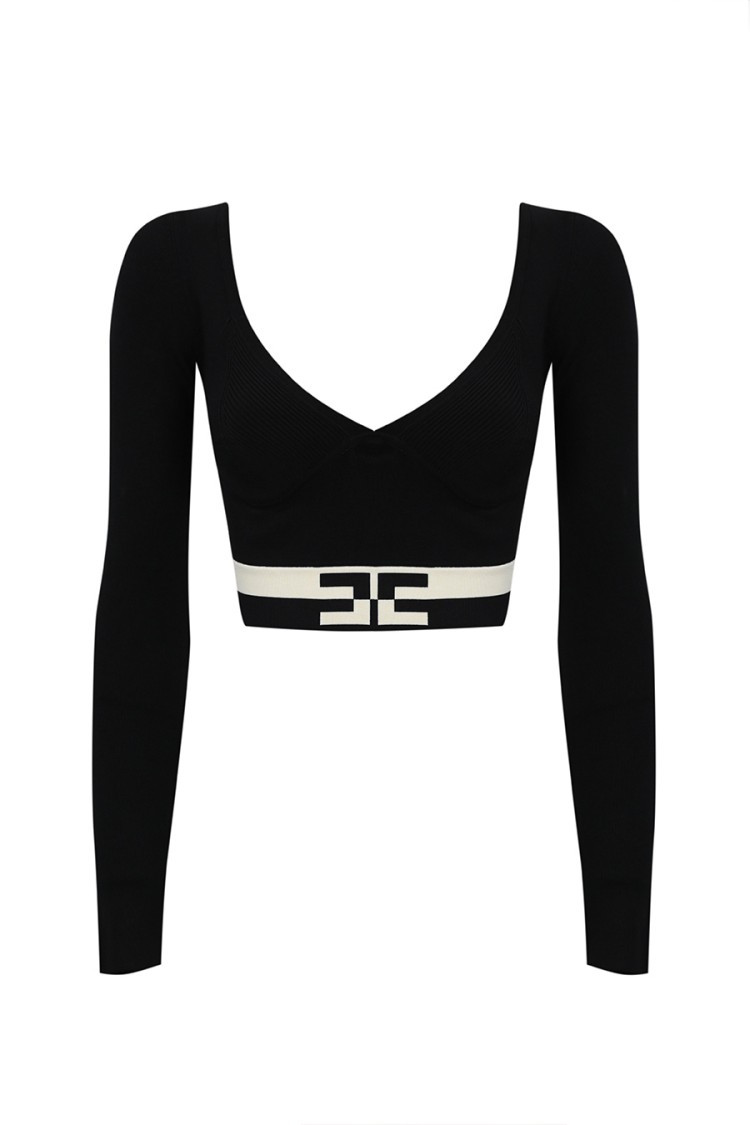 Elisabetta Franchi Fitted Multicolor V-neck Sweater With Contrasting Waist Band