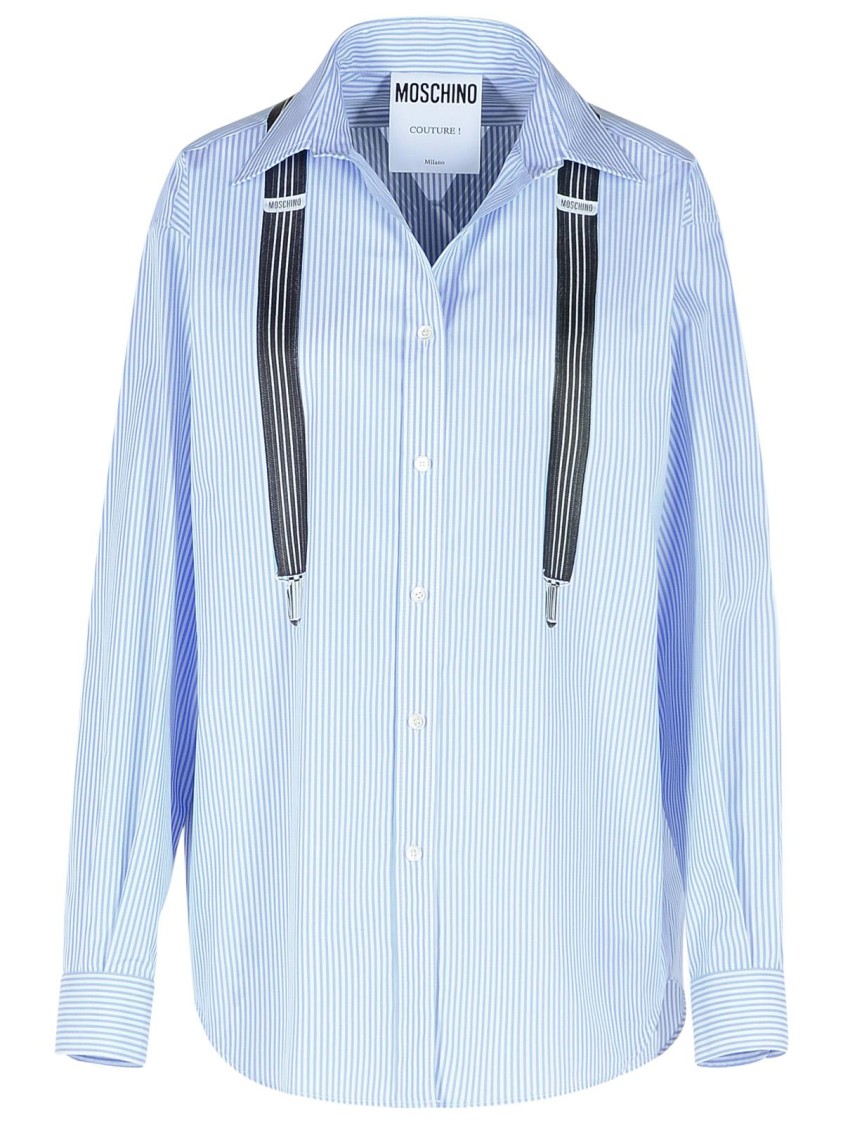 Moschino Couture Light Blue Cotton Striped Shirt With Decorative Straps In Blue