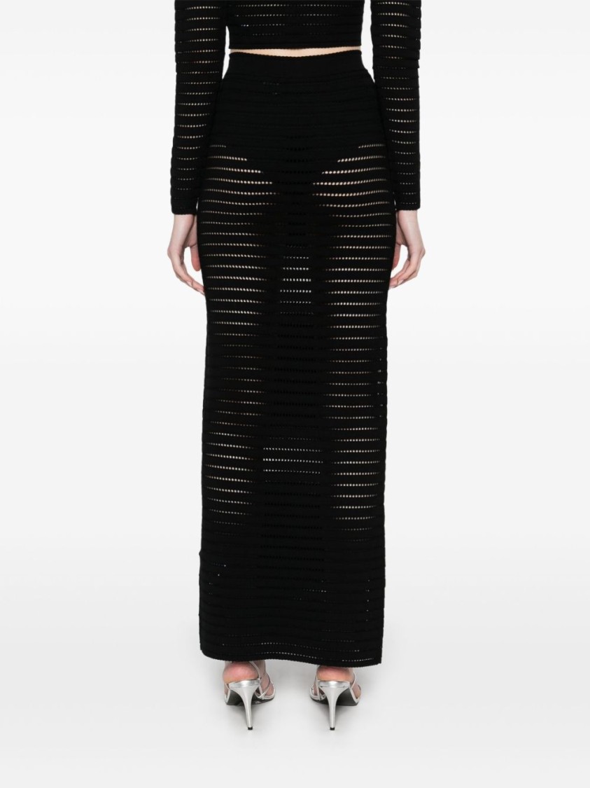 Elisabetta Franchi Long Fitted Skirt With Open-knit Design And Subtle Slit In Black