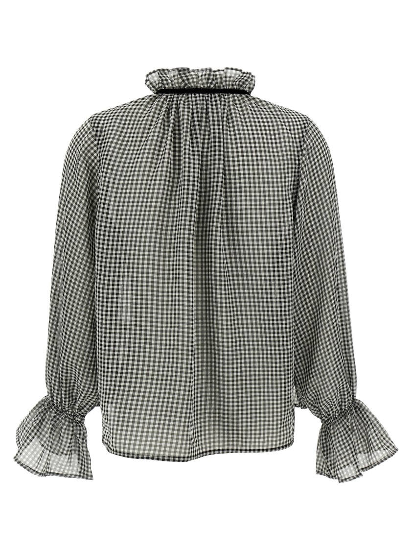 Ganni Vichy Print Shirt With Ruffled Collar In Gray