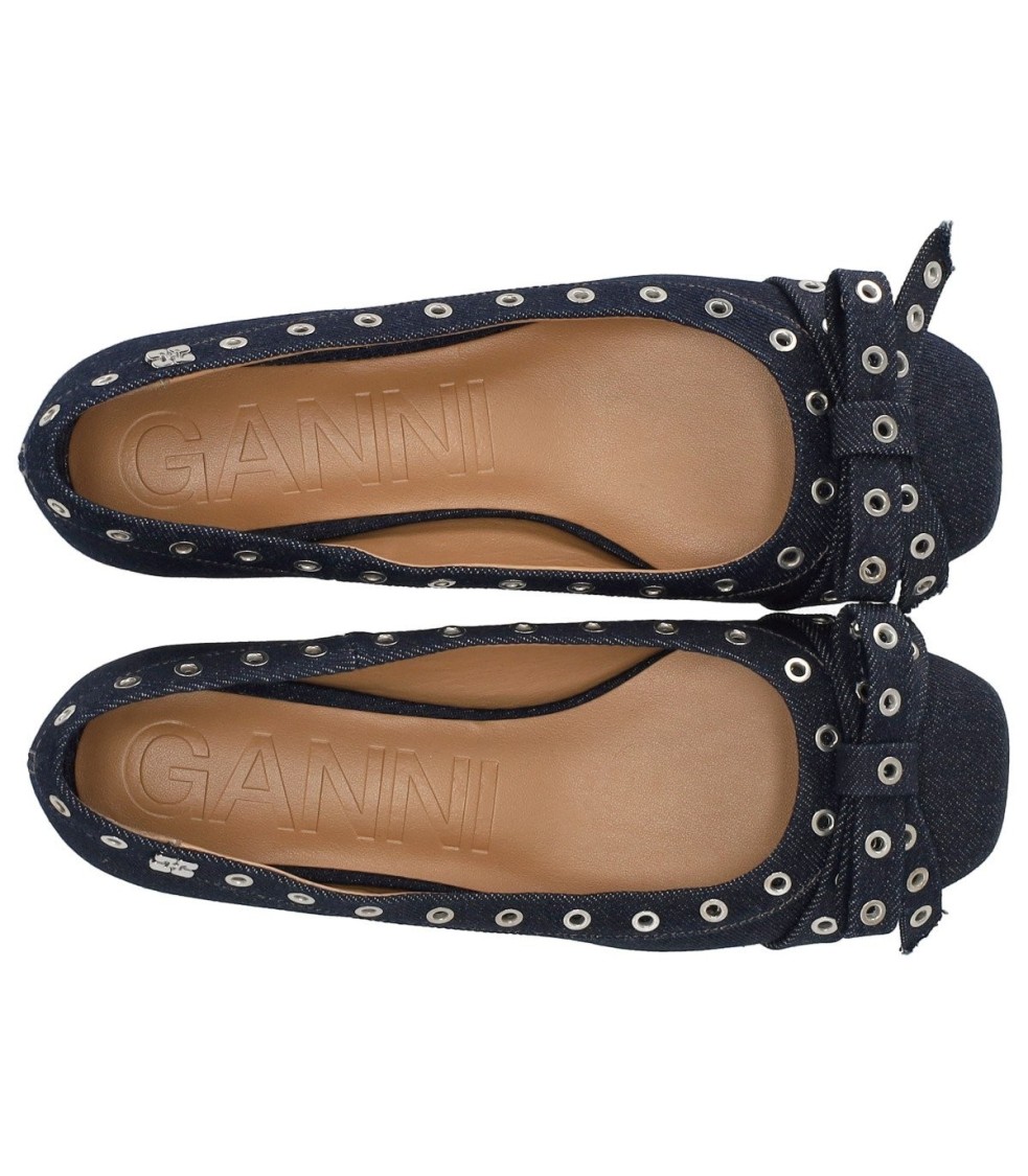 Shop Ganni Blue Denim Ballet Flat Shoe With Bows