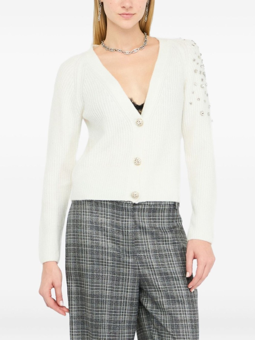 Liu •jo Liu Jo Textured White Sweater With Deep V-neckline And Embellished Shoulder In White