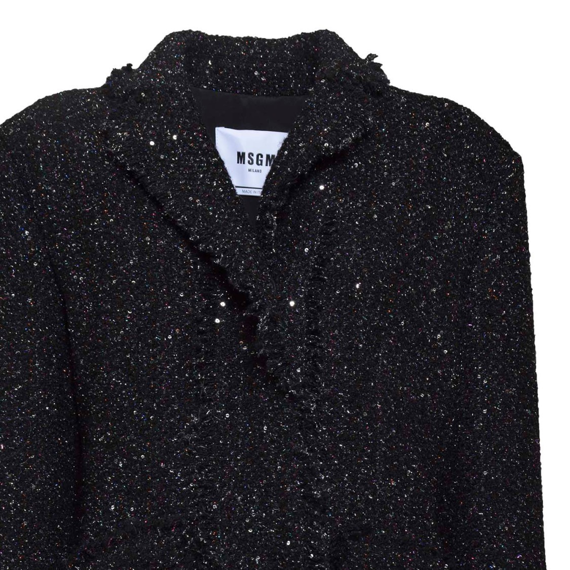 MSGM MSGM SINGLE BREASTED JACKET IN BLACK LUREX TWEED AND FRAYED EDGES