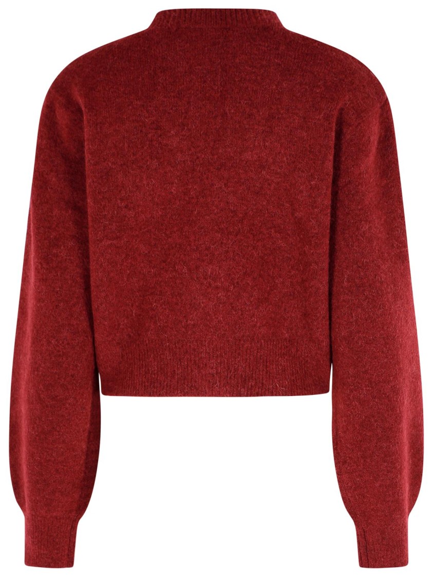 Rotate Birger Christensen Rotate Cropped Burgundy Sweater With Deep V-neckline And Floral Embellishment In Burgundy