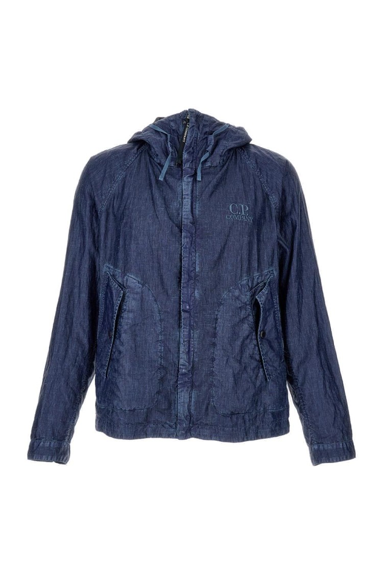 C.p. Company Textured Linen Jacket With Functional Hood And Built-in Glasses In Blue
