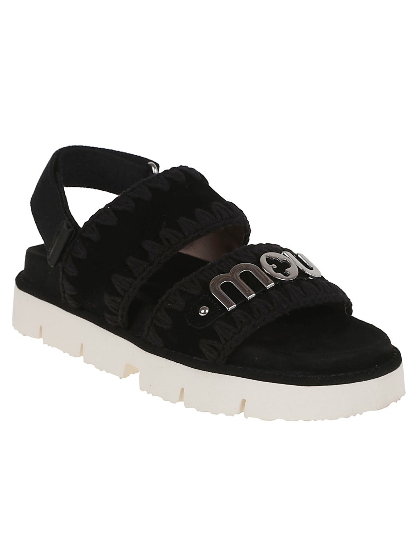 Shop Mou Black Leather Platform Sandals With Decorative Detailing