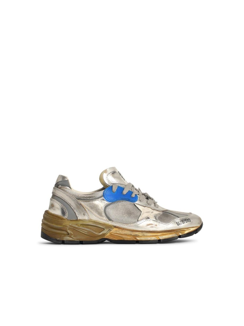 Golden Goose Women Running Dad Net And Laminated Upper Leather Star Laminated Spur Distressed In Silver