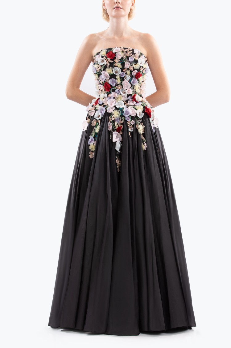 Saiid Kobeisy Embellished 3d Flowers Taffeta Gown In Black
