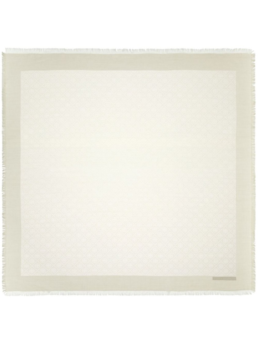 Tory Burch Ivory Wool-silk Blend Wraparound Scarf With Monogram Pattern
