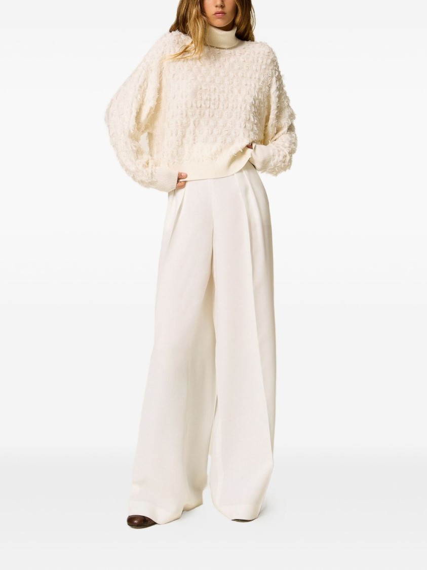 Twinset Twin-set Textured Knit Sweater With High Neckline And Oversized Sleeves In Neutral