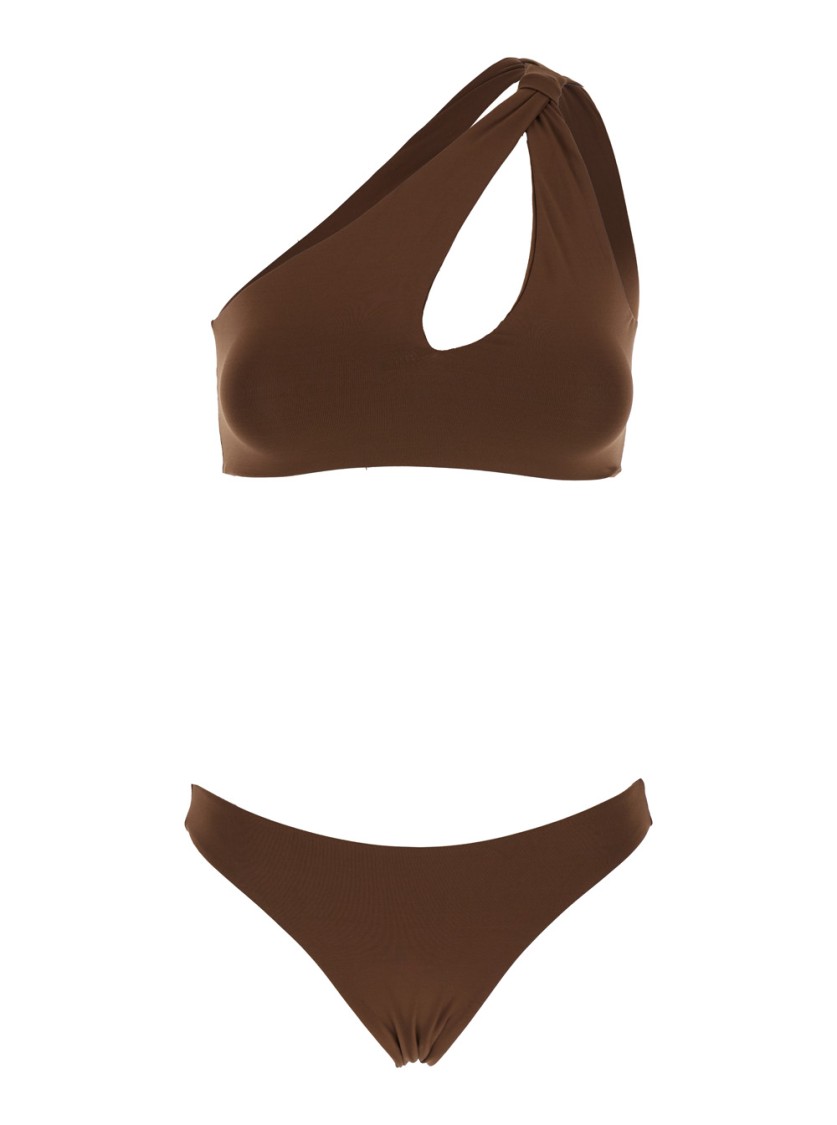 Federica Tosi Brown One-shoulder Bikini With Tie Detail In Tech Fabric Stretch Woman In Brown