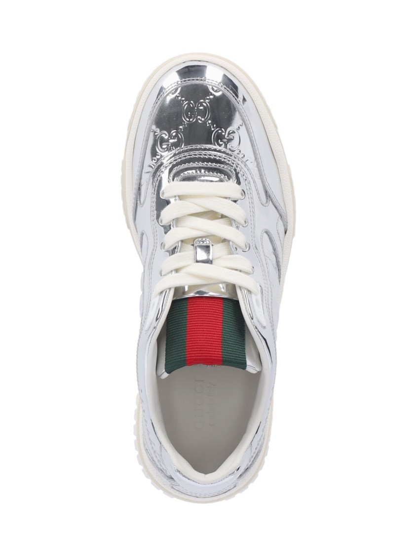 Gucci Metallic Leather "re-web" Sneakers – Silver In Silver