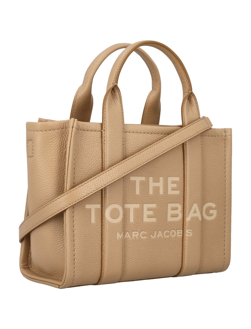 Marc Jacobs 'the Mini Tote' Beige Tote Bag With Logo Lettering On The Front In Grained Leather Woman In Brown
