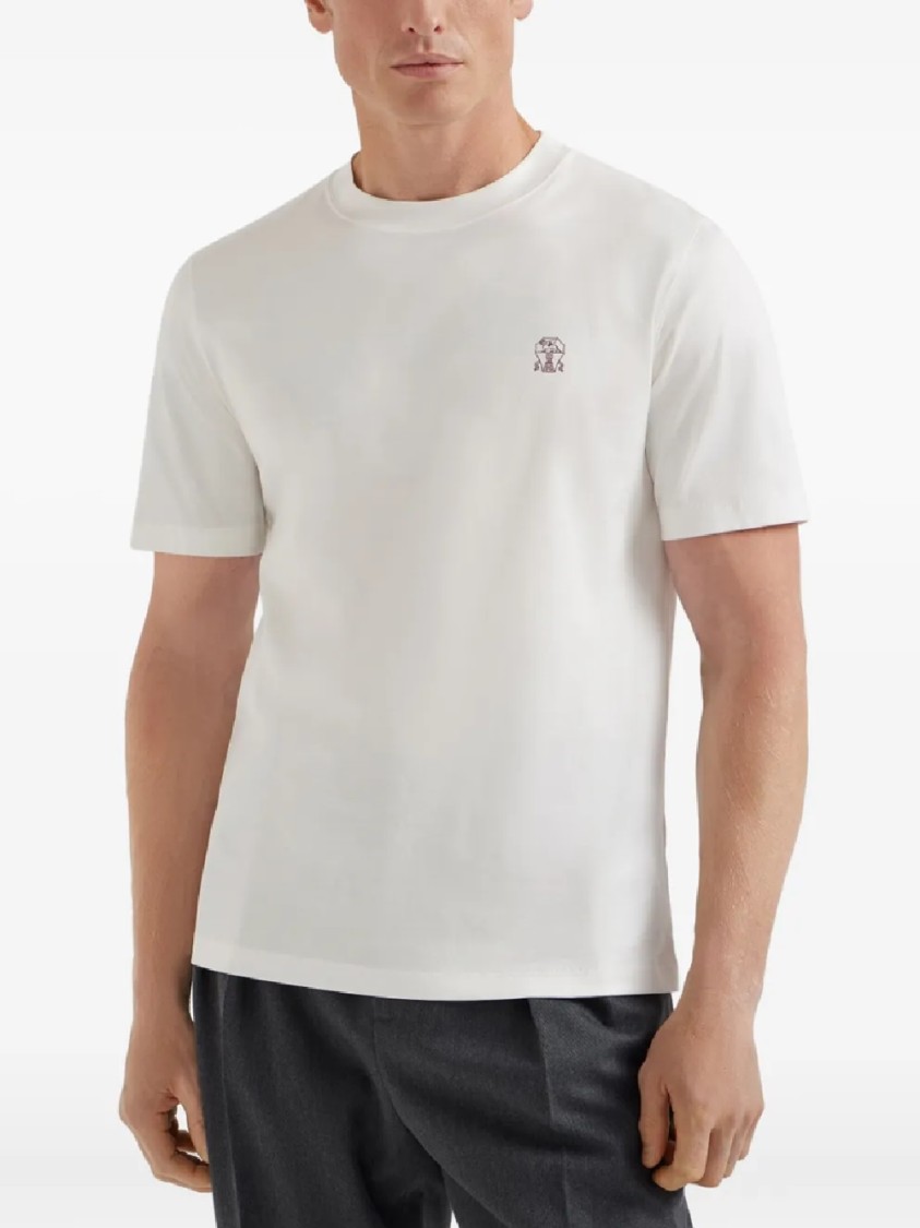 Brunello Cucinelli Crew Neck T-shirt With Subtle Logo Print In White