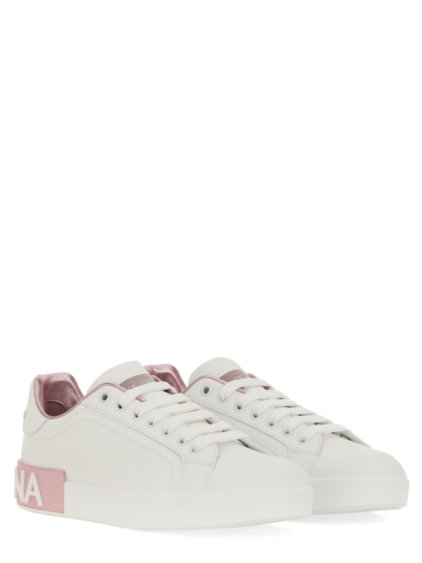 Dolce & Gabbana Portofino White And Pink Low Top Sneakers With Logo In Leather Woman In White