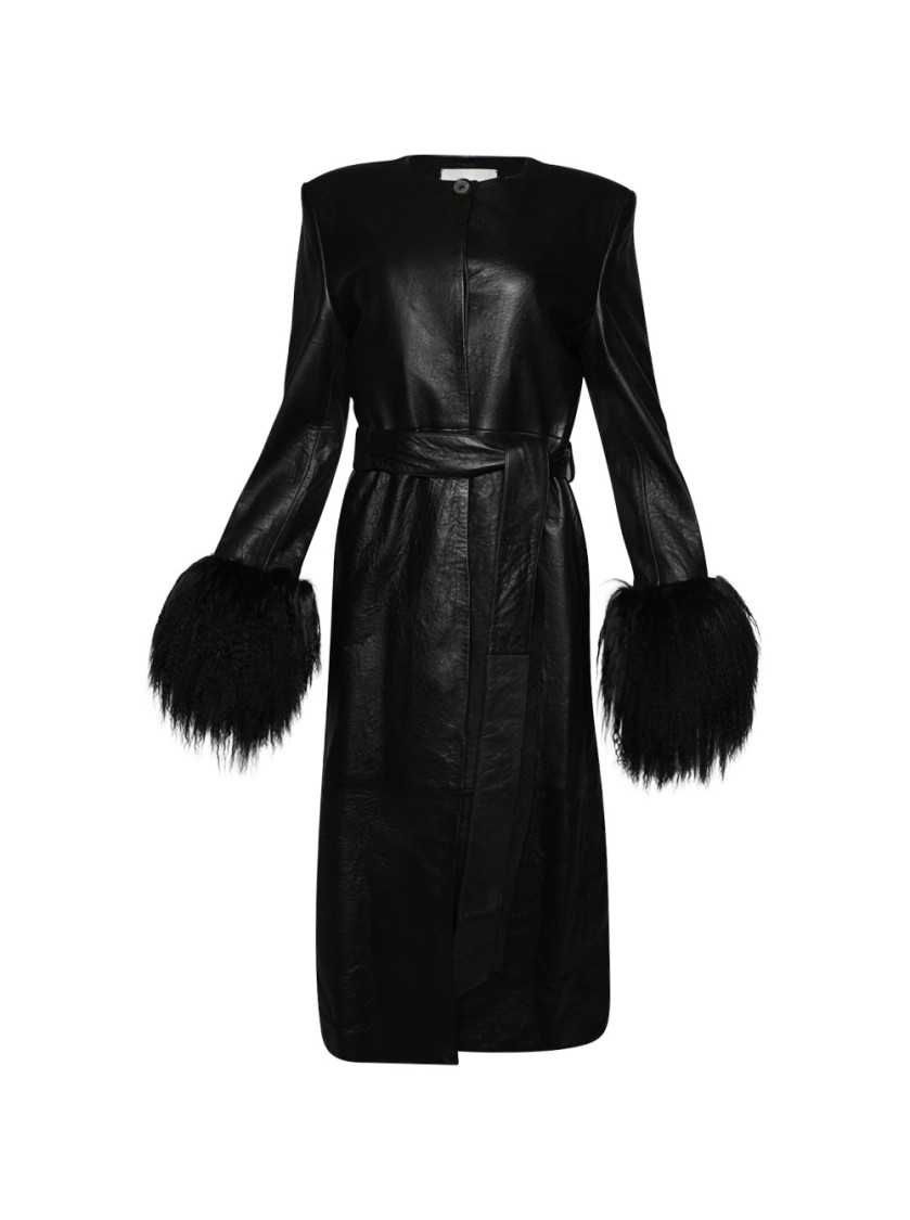 Shop Magda Butrym Longline Leather And Shearling Trim Coat Black