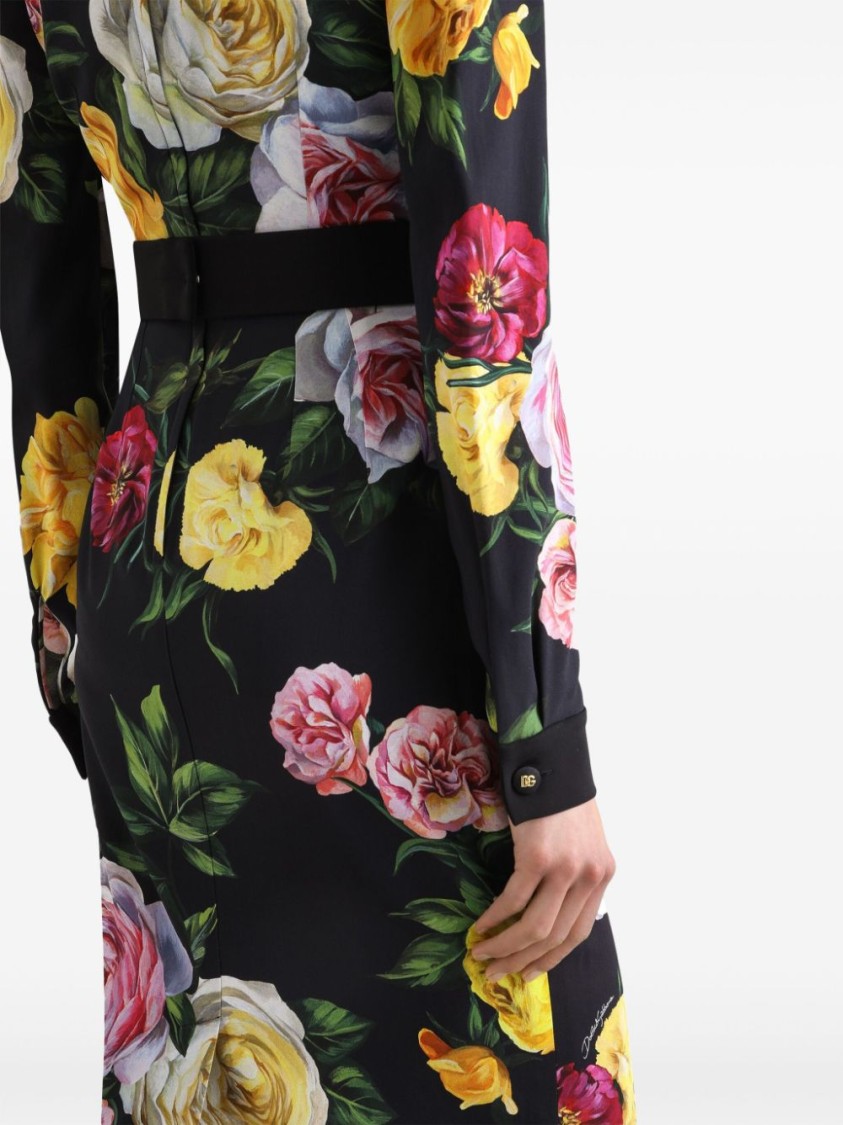 Dolce & Gabbana Multicolor Dress With Classic Collar And All-over Floral Print In Viscose Stretch Woman In Black