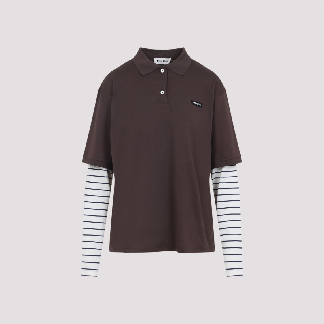 Miu Miu Contemporary Polo Shirt With Layered Striped Sleeves In Brown