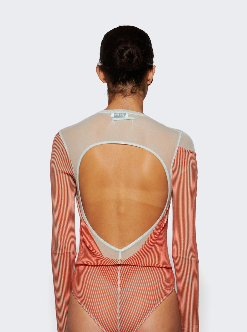Shop Jean Paul Gaultier Double Layer Pinstripe Body Morphing Bodysuit Mint And Coral In Orange