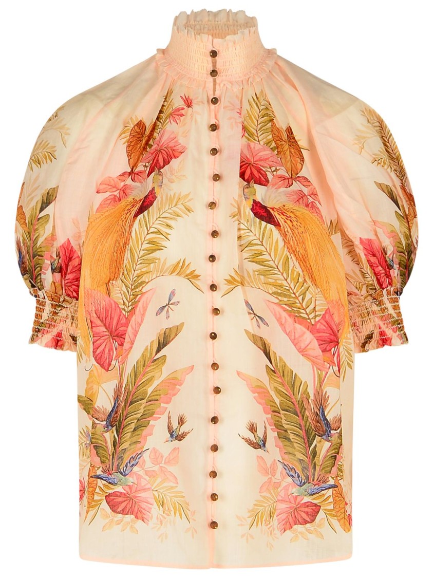 Zimmermann 'billow' Ramie Puff Sleeves Blouse In 'cream Palm Floral'