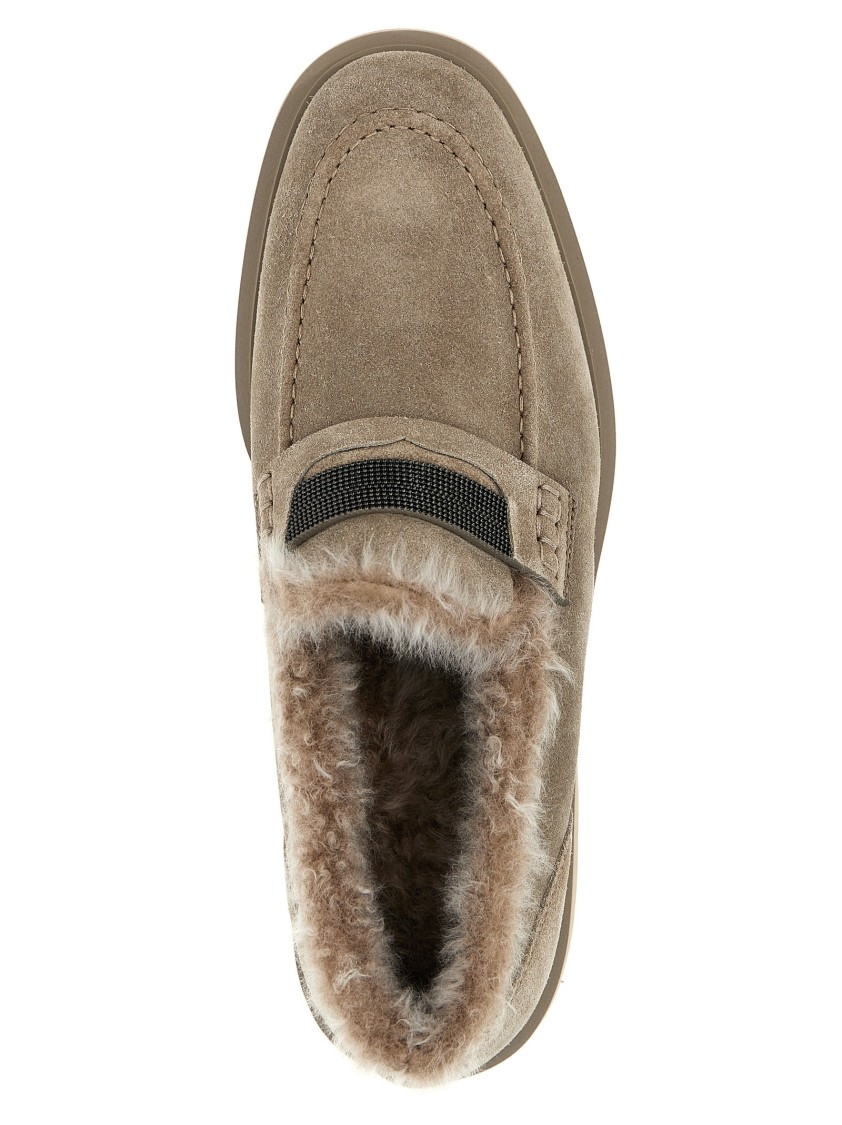 Brunello Cucinelli Suede Loafers With Monile Detail And Fur Lining In Neutral