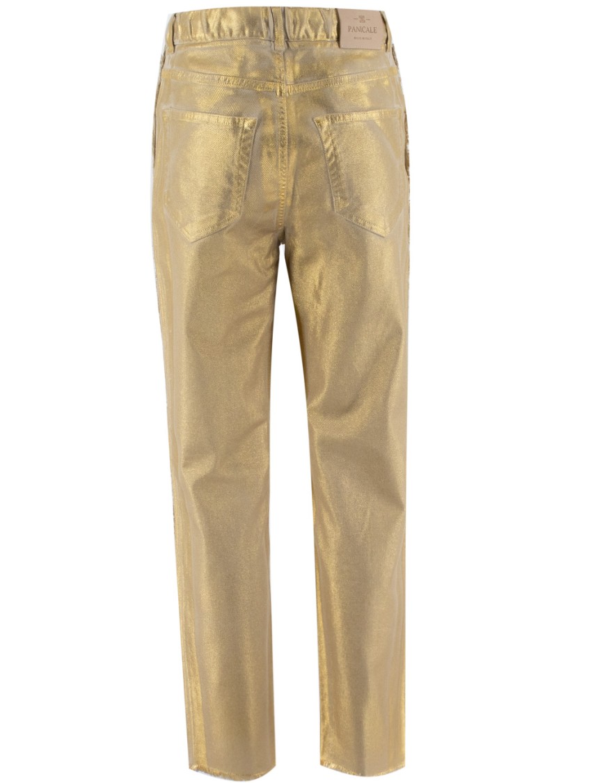 Panicale Fringe-detailed Gold Viscose Trousers With Drawstring Waist In Gold