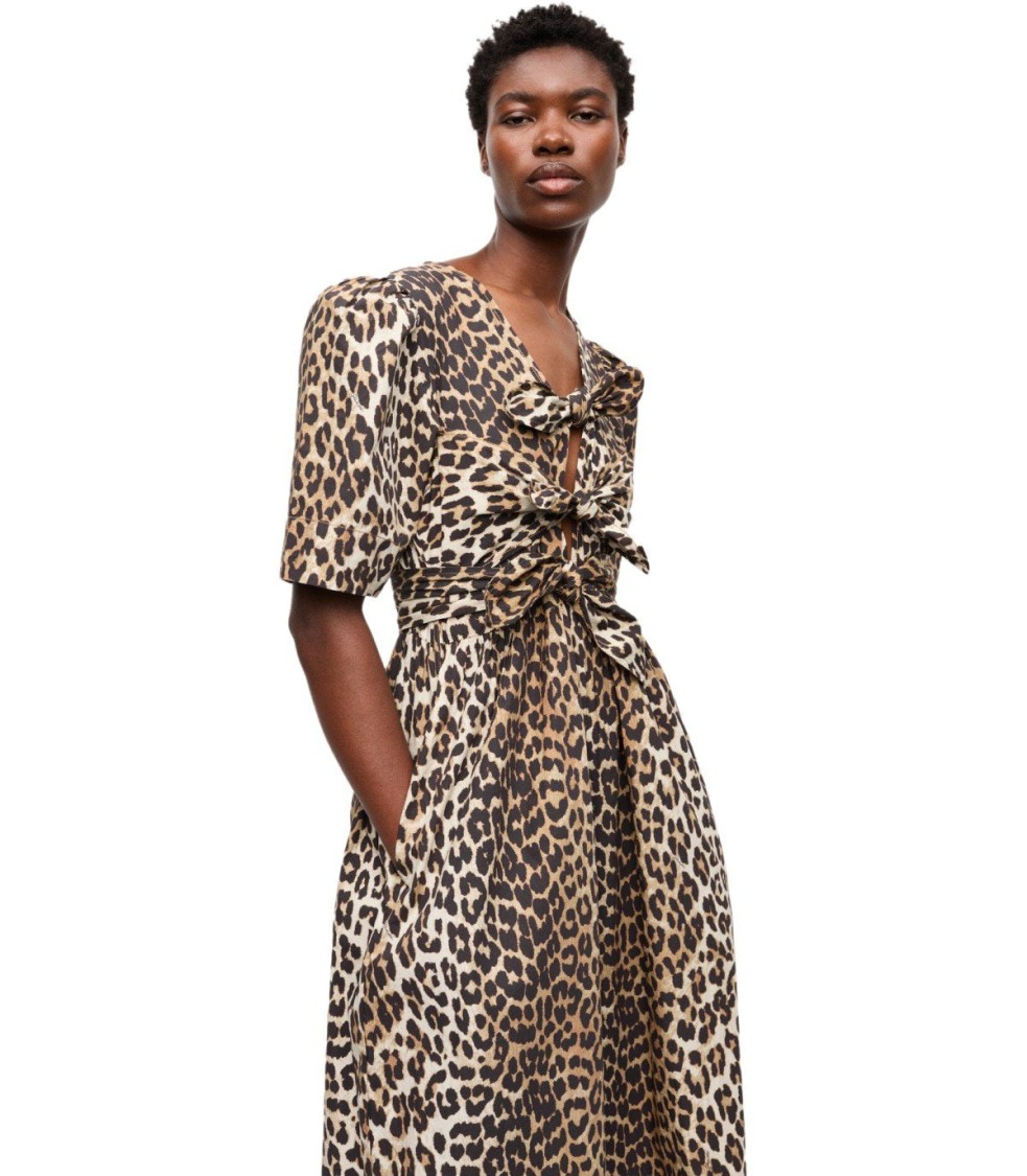 Ganni Leopard Print Cotton Midi Dress In Animal Print