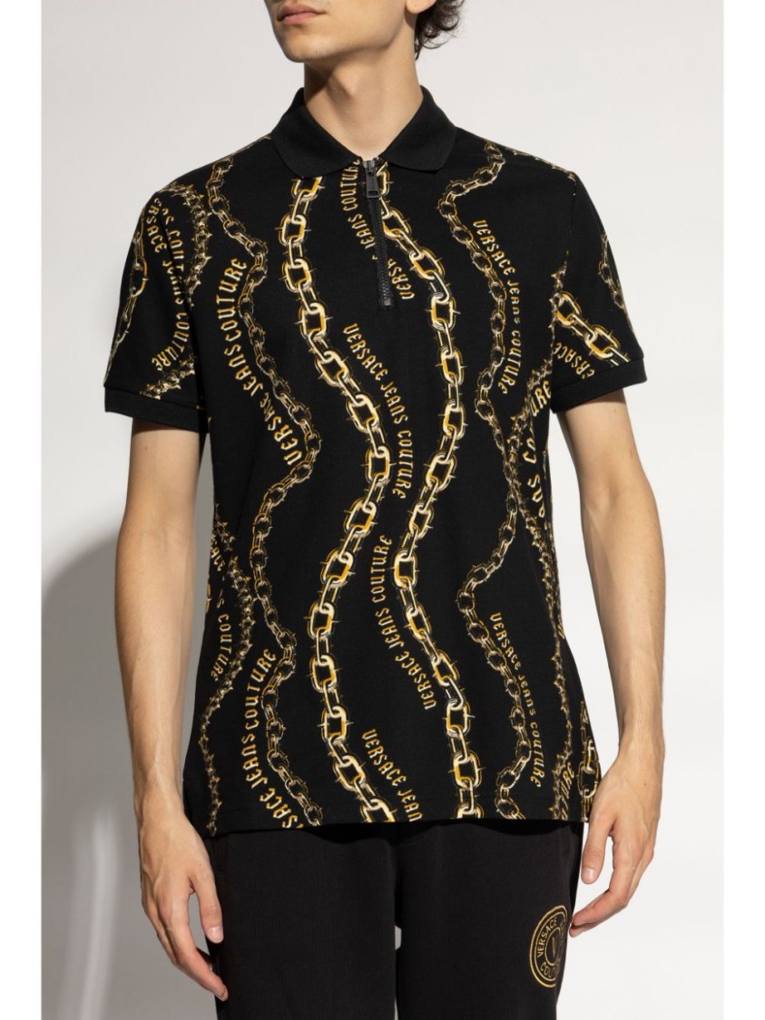 VERSACE JEANS COUTURE VERSACE JEANS COUTURE BLACK POLO SHIRT WITH CHAIN PATTERN 