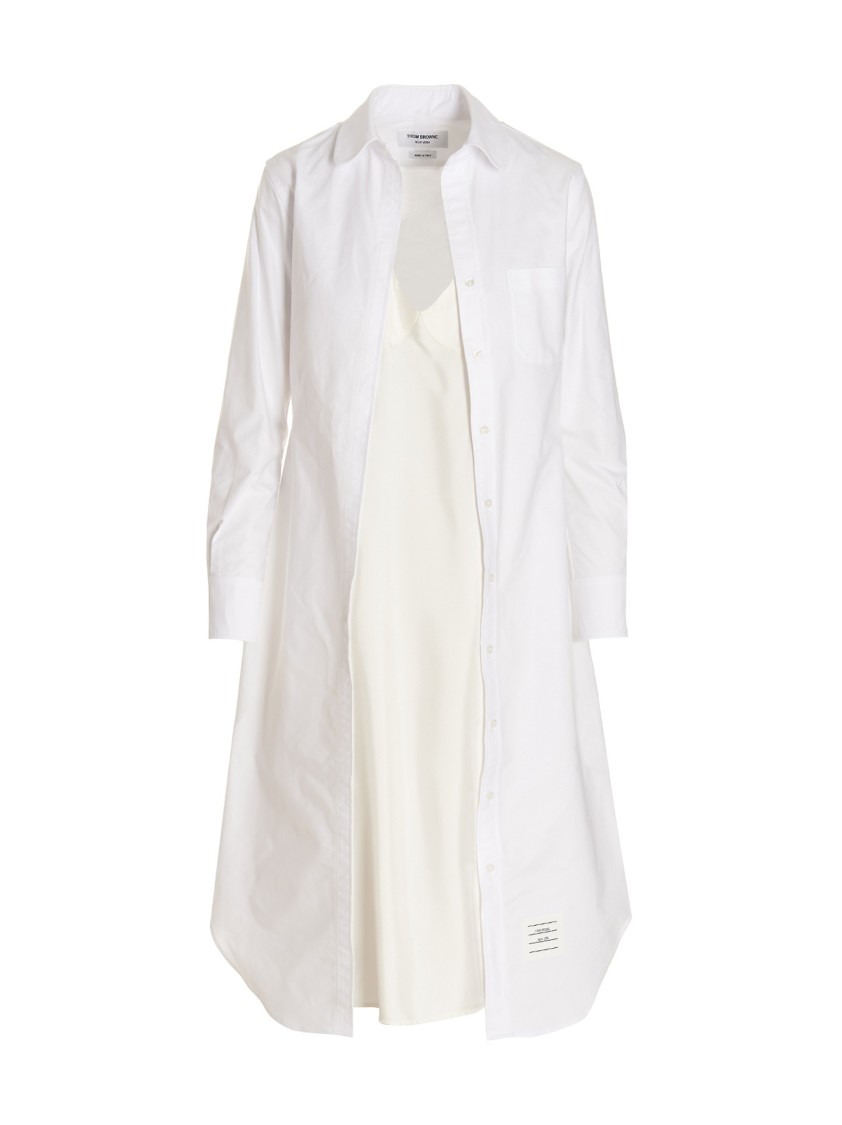 Thom Browne Oxford Cotton Midi Dress With Fringed Collar In White