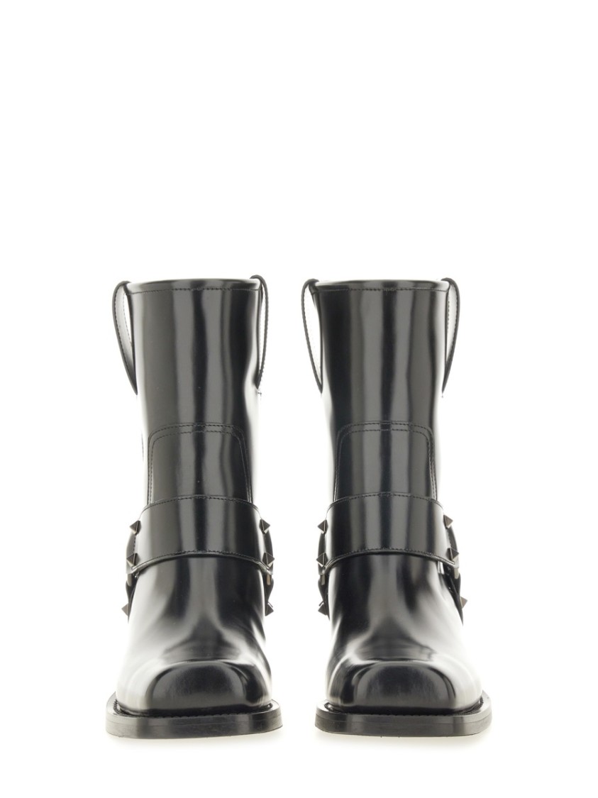 Valentino Black Leather Biker Rockstud Ankle Boots In Black