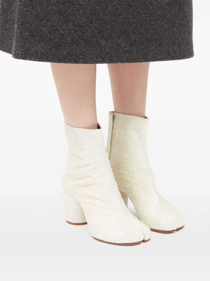 Maison Margiela Cylindrical-heel Ankle Boots In Distressed Laser-cut Suede In White