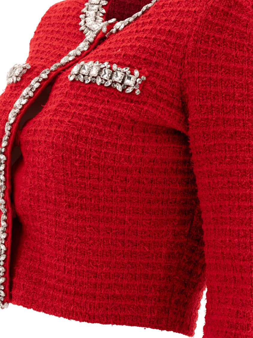 Self-portrait Cropped Textured Knitwear With Crystal Embellishments In Red