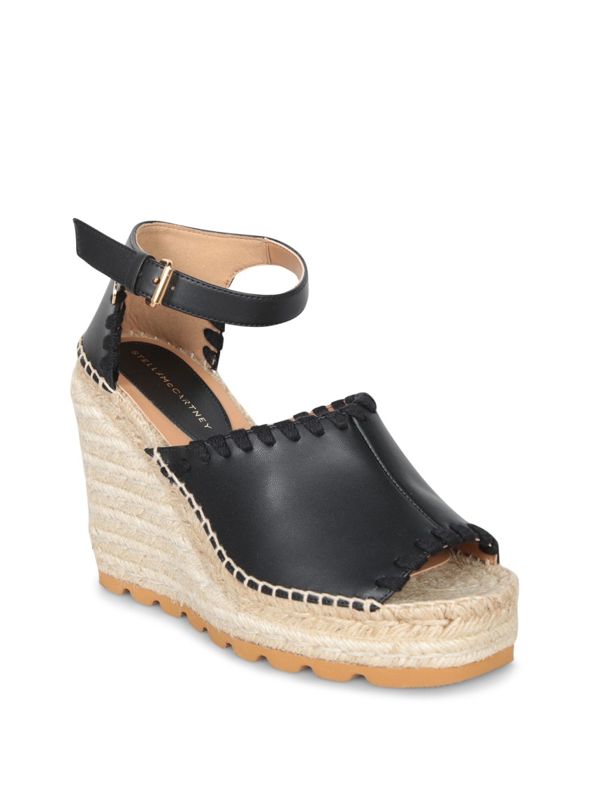 Stella Mccartney Black Leather Espadrilles With Woven Jute Platform