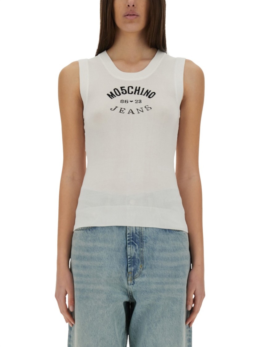 Moschino Slim Fit Knit Top With Inlay Logo In White