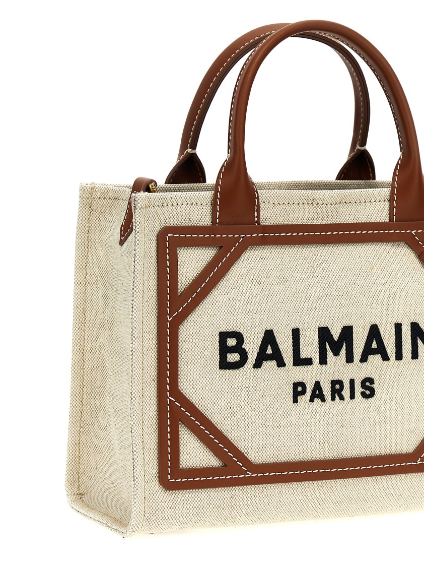 Balmain Mini Canvas And Leather Tote Bag With Adjustable Strap In Neutral
